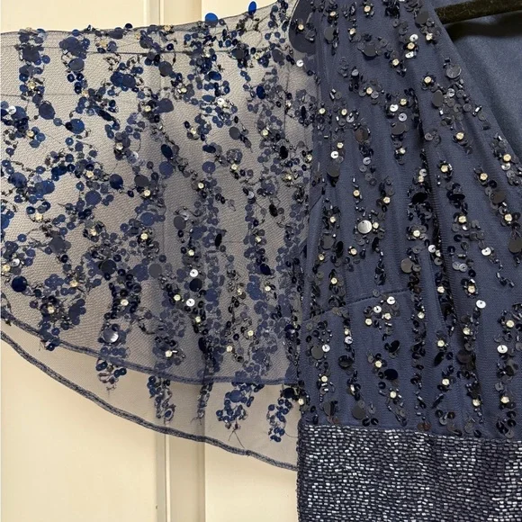 NWT | Mac Duggal Blue 93784 Midnight Blue Maxi Gown  Flutter Sleeves Size 10 - Picture 8 of 15